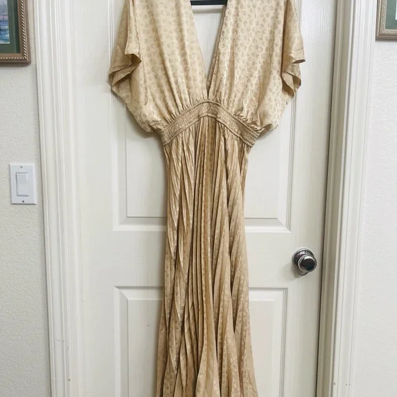 Golden Gatherings Pleated Satin Maxi Dress Size Large - Picture 7 of 10